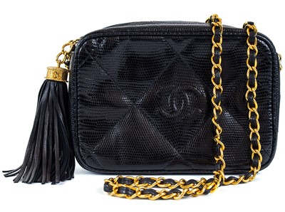 Lot 123 - A Chanel black lizard camera bag.