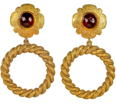 Lot 134 - A Chanel pair of gold-tone red Gripoix pendant clip earrings.