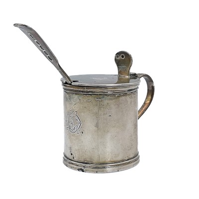 Lot 2 - A Victorian silver mustard pot by Thomas Johnson and a George IV mustard spoon.