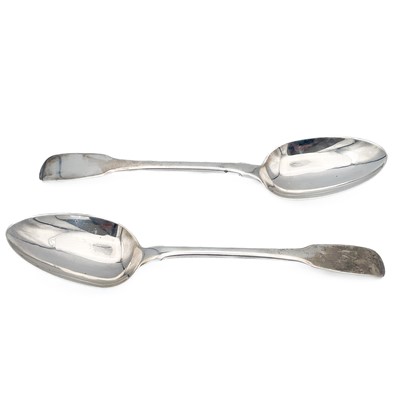 Lot 365 - A pair of George III silver fiddle pattern table spoons by Thomas Wilkes Barker.