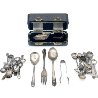 Lot 334 - A collection of silver salt and mustard spoons and other flatwares.