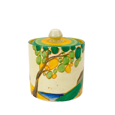 Lot 522 - A Clarice Cliff Secrets pattern preserve jar and a cover.