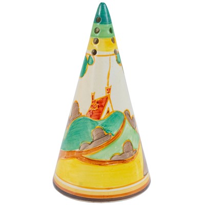 Lot 523 - A Clarice Cliff Secrets pattern conical sugar sifter.