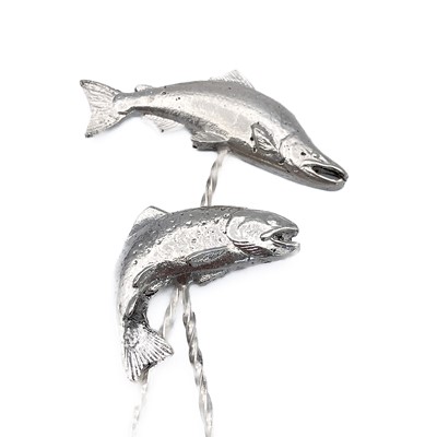 Lot 407 - A pair of contemporary 999 fine silver Salmon & Sea Trout olive picks by James Suddaby.