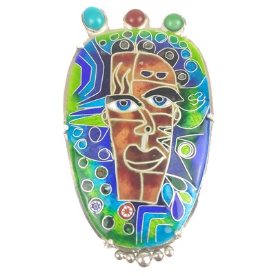 Lot 442 - A contemporary 925 silver, enamel and gem set  'Amazonian Man' pendant by James & Samantha Suddaby.