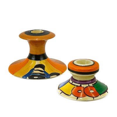 Lot 517 - A Clarice Cliff Circles and Squares pattern squat candlestick.