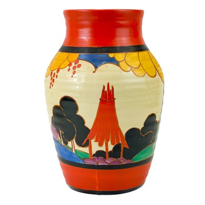 Lot 541 - A Clarice Cliff summerhouse (red) isis vase.