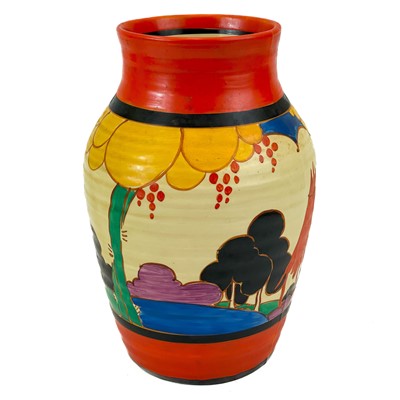 Lot 541 - A Clarice Cliff summerhouse (red) isis vase.