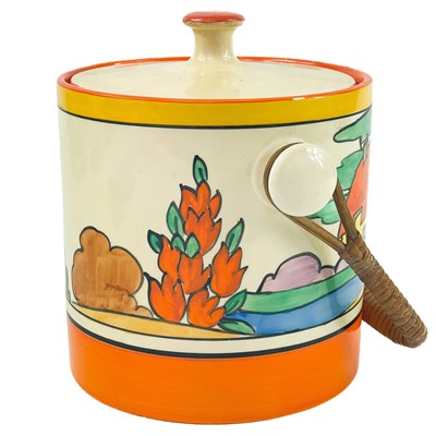 Lot 545 - A Clarice Cliff orange roof cottage biscuit barrel.