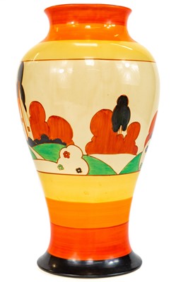 Lot 548 - A Clarice Cliff Farmhouse pattern 14" Meiping shape vase.