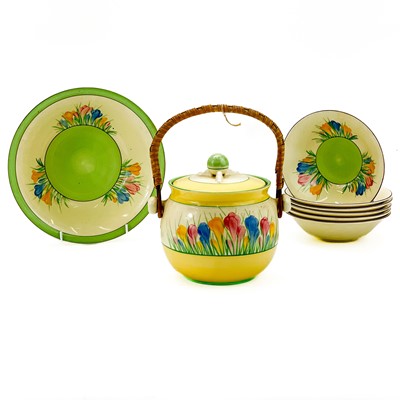 Lot 556 - A Clarice Cliff Crocus biscuit barrel.