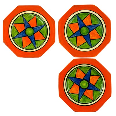 Lot 560 - Three Clarice Cliff Original Bizarre pattern octagonal side plates.