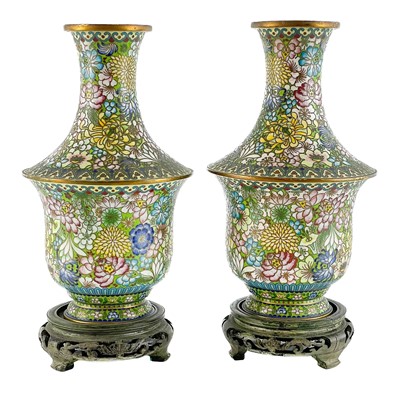 Lot 149 - A pair of Chinese millifleur cloisonne vases and stands.