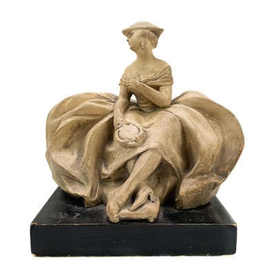 Lot 113 - A terracotta figure of a seated lady holding a mirror and wearing a tricorn hat.