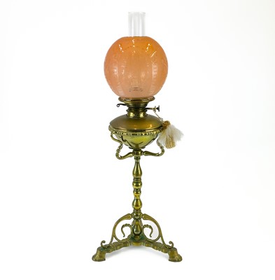 Lot 182 - A Victorian brass oil with pale orange glass shade.