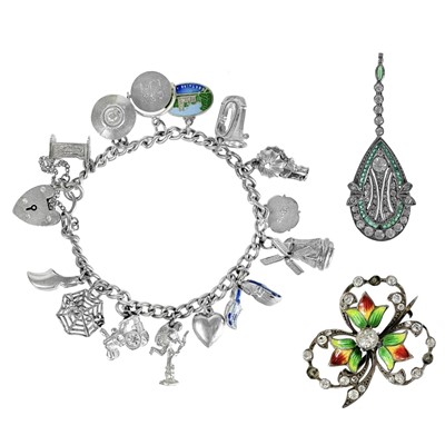 Lot 277 - A 935 silver white paste set and enamel shamrock brooch, a paste set pendant and charm bracelet.