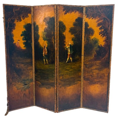 Lot 1915 - A French leather four-section folding screen.