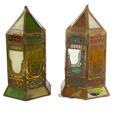 Lot 243 - A pair of Eastern style gilt metal and coloured glass hanging lantern shades.