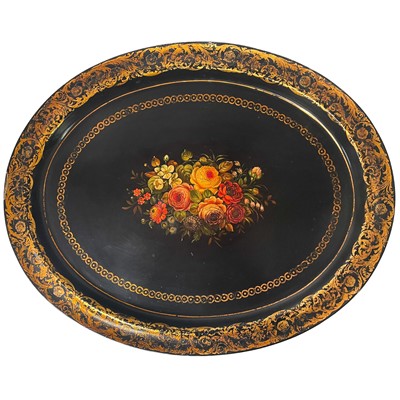 Lot 153 - A Victorian black lacquered papier-mâché mache oval tray.