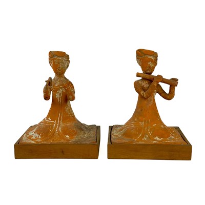 Lot 176 - A pair of Chinese terracotta tomb musicians, Tang style.