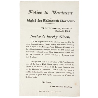 Lot 624 - 'Notice to Mariners. Light for Falmouth Harbour'