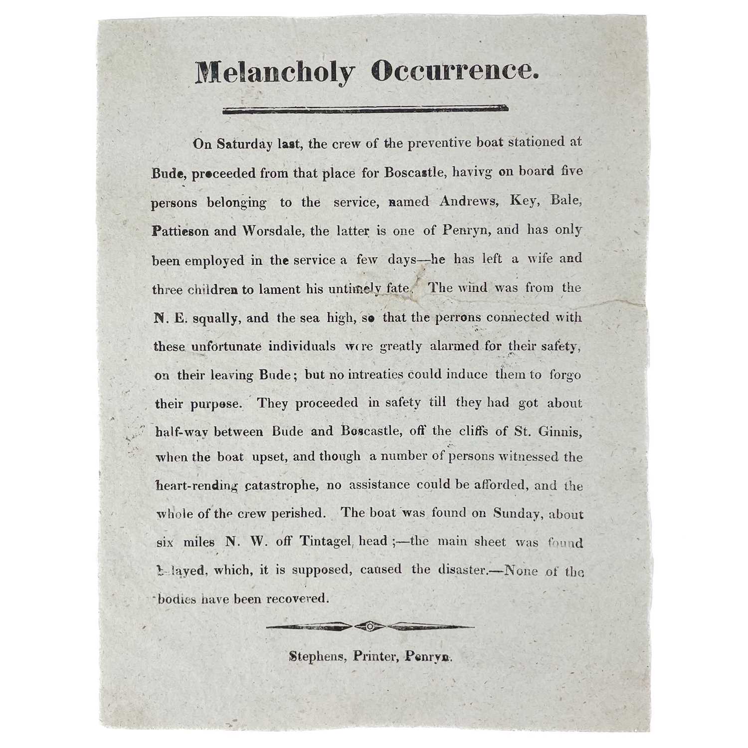 Lot 602 - Cornish Lifeboat disaster. A rare late 19th century Penryn broadsheet.