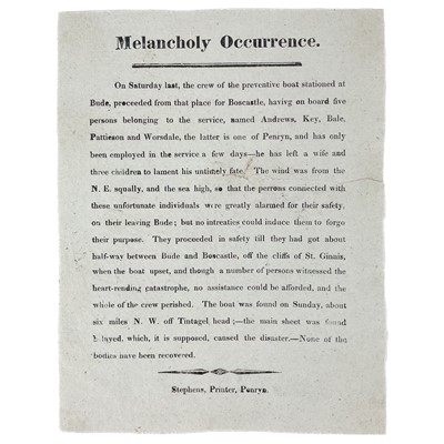 Lot 602 - Cornish Lifeboat disaster. A rare late 19th century Penryn broadsheet.