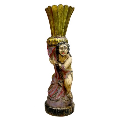 Lot 216 - An early 20th century wood carved gesso polychrome gilt caryatid jardiniere.