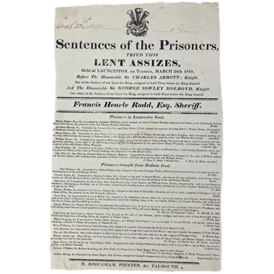 Lot 587 - 'Sentences of the Prisoners Tried at the Lent Assizes, Launceston,'