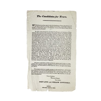 Lot 594 - [Sir  Hussey Vivian] (1818). Three propaganda broadsheets for the 'Truro Election, 1818'.