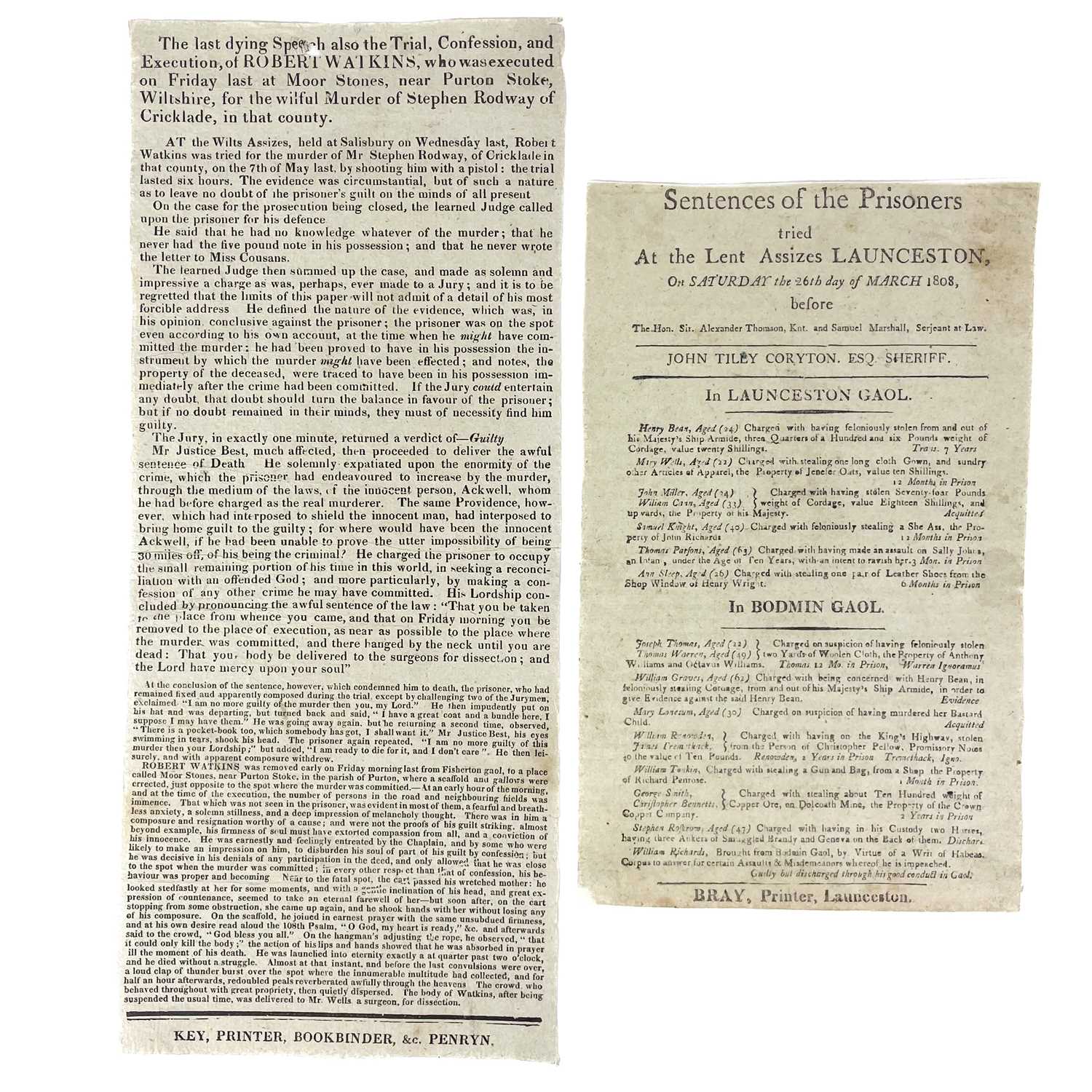 Lot 589 - Two early 19th century broadsheets. The 'Assizes' and wilful murder.